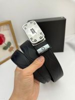 1:1  Montblanc Black Leather Belt with Silver Logo Buckle Rectangle Buckle  with Patterns 3.5cm